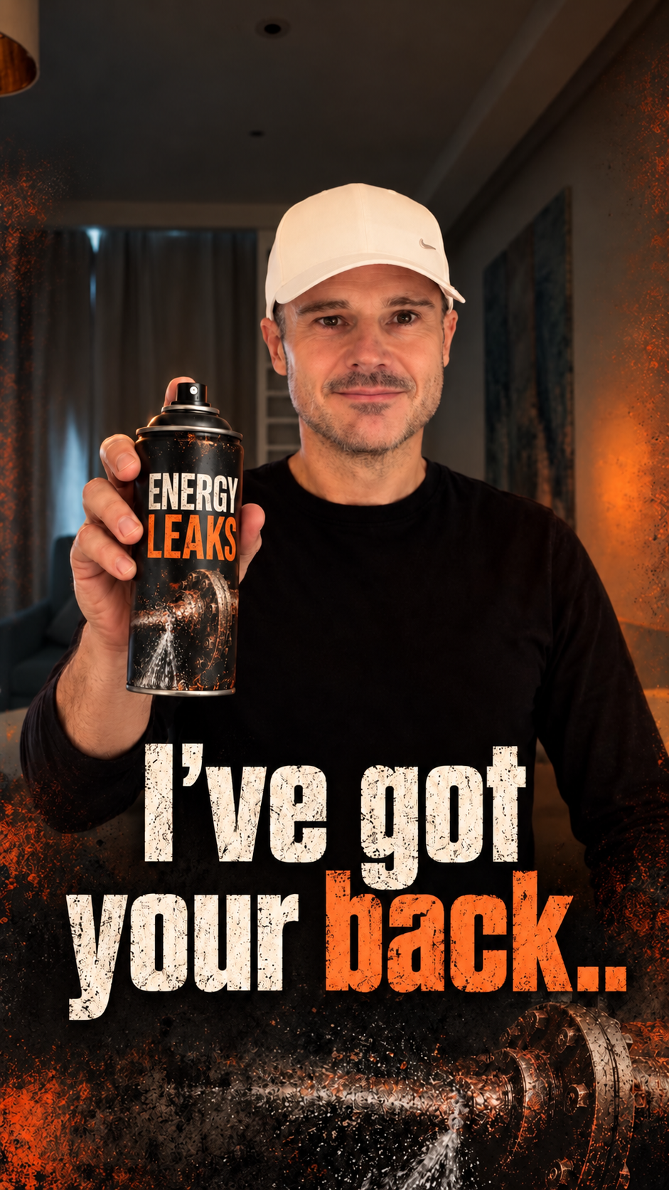 Ronnie holding an Energy Leaks graphic, with the words: I've got your back