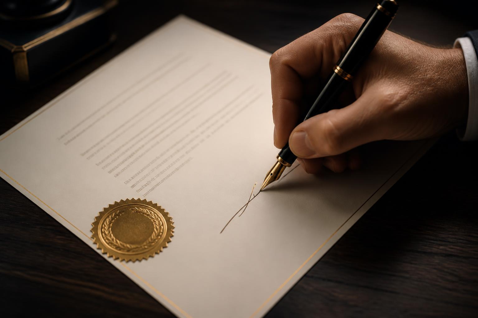 Signing the Founding Ambassador Charter with a gold seal