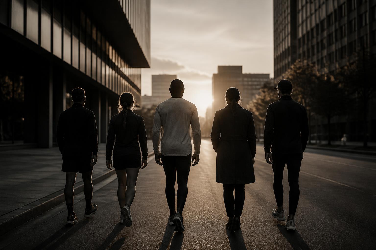 A founding circle of professionals and athletes walking together into the dawn light
