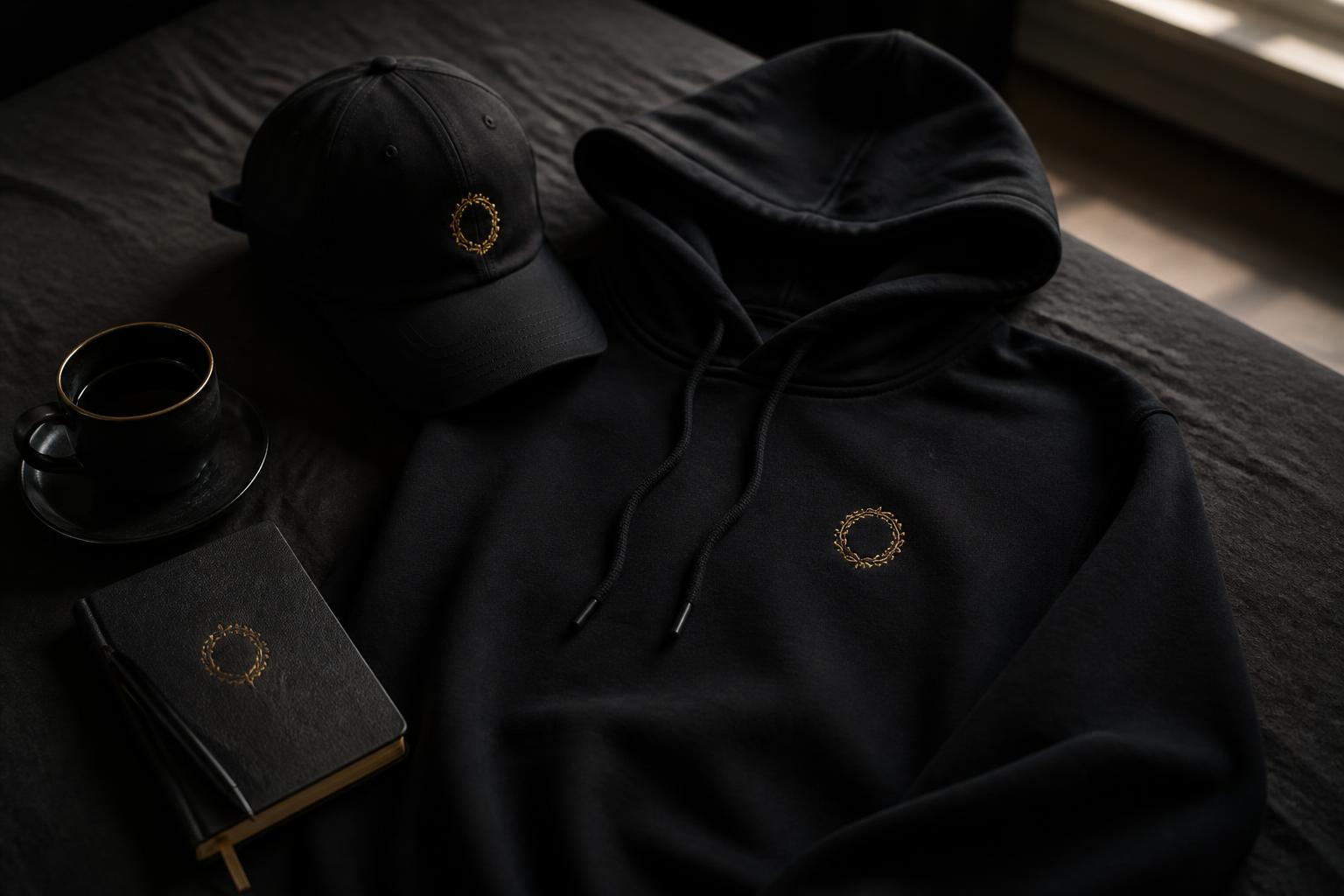 Founder-only Soul-Viva merchandise — black hoodie, cap and notebook with the gold crest
