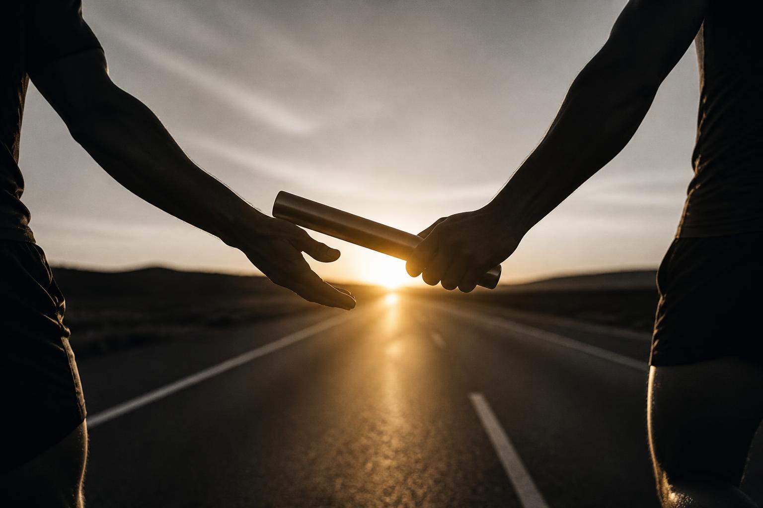 Two runners passing a relay baton into the sunrise — a movement carried forward